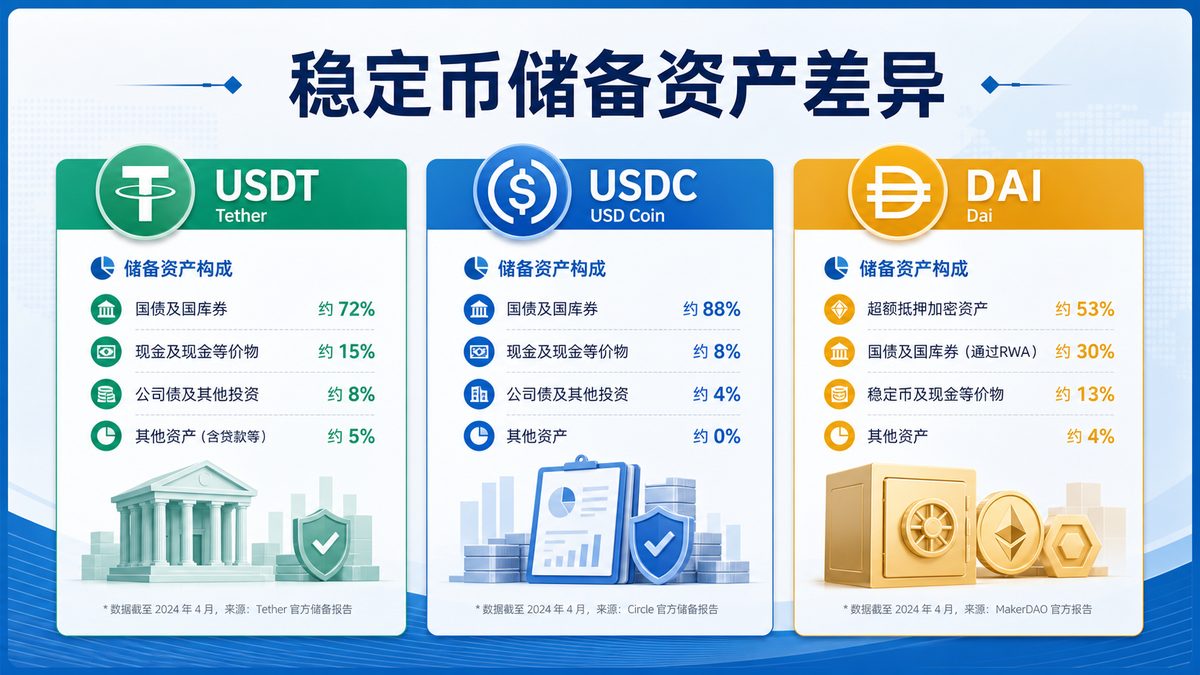 稳定币储备资产差异有多大？USDT、USDC与DAI对比