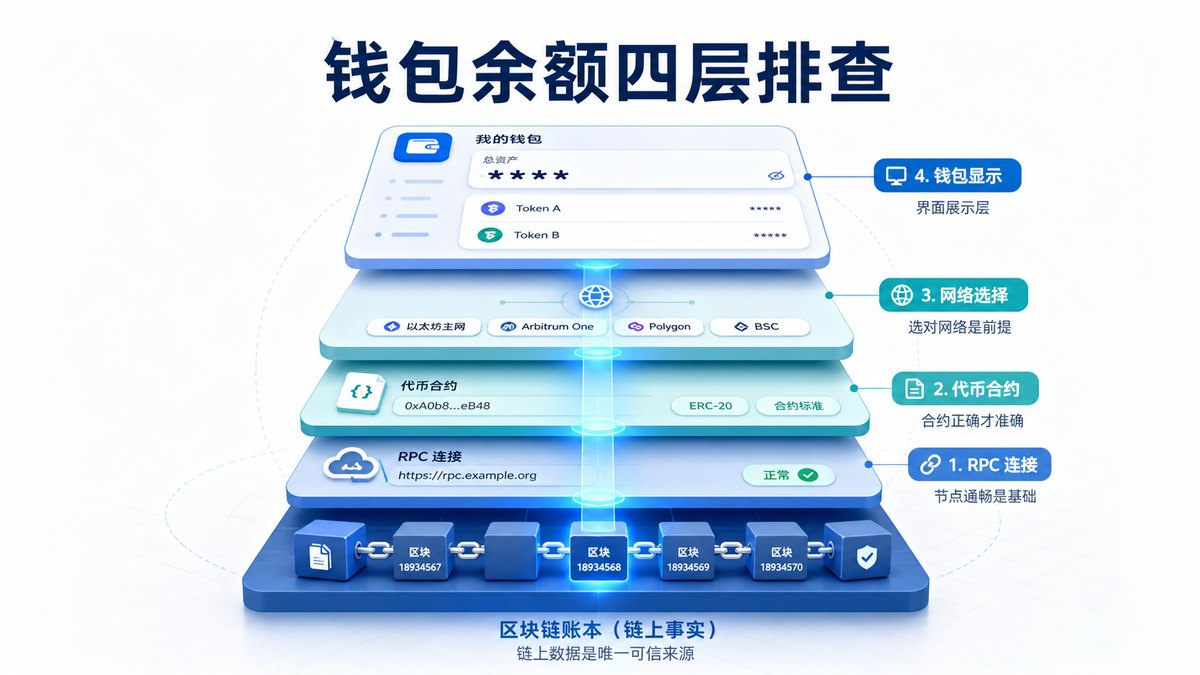钱包余额不显示？按四层排查
